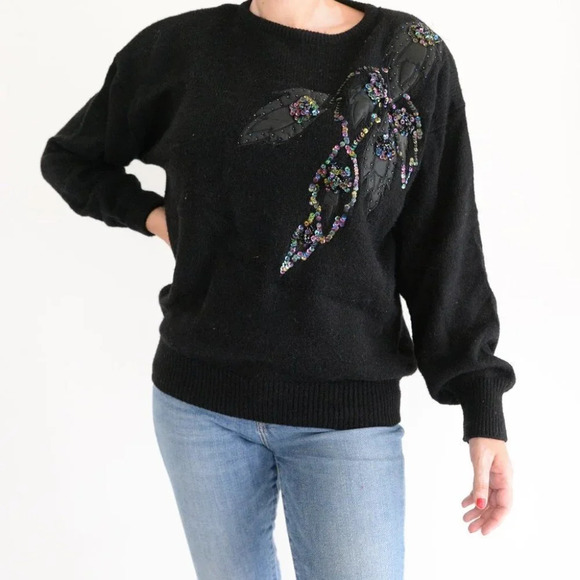 Vintage Black with Beaded Floral Knit Crewneck Sweater - Picture 1 of 12